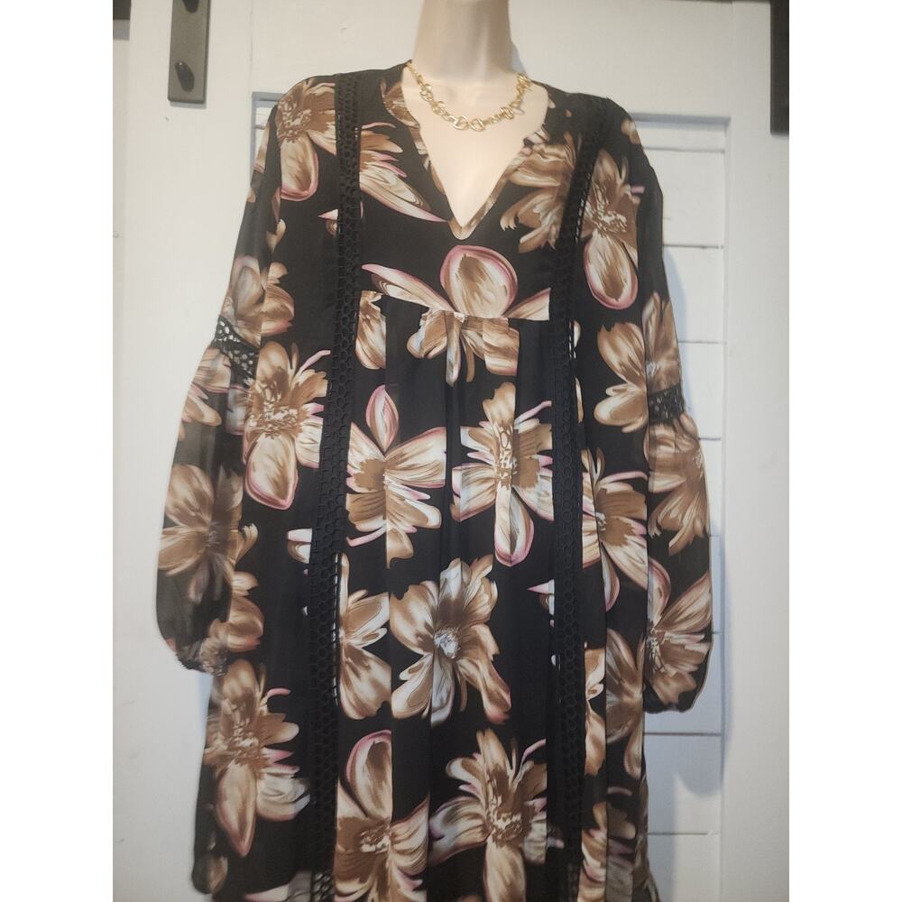 Entro Women's Black/Brown Floral Print Mini Dress Size Large Embroidered - Picture 10 of 16